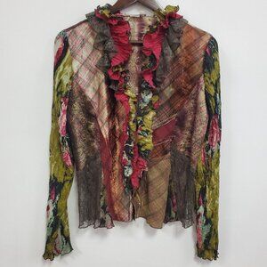 Vintage Alberto Makali Womens Artsy Fairy Patchwork Button Up Top Size XL Green